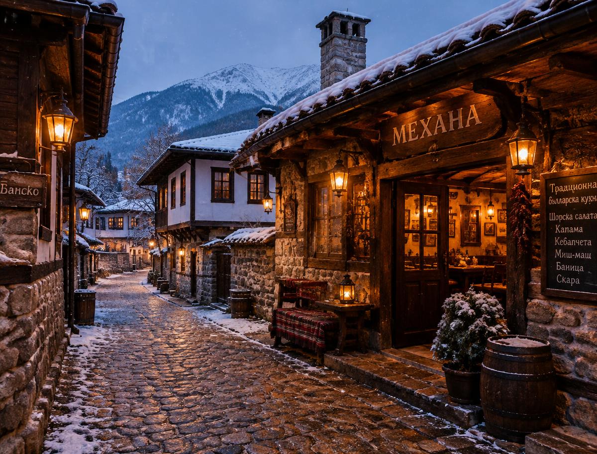 Cobbled lane and traditional mehana in Bansko old town